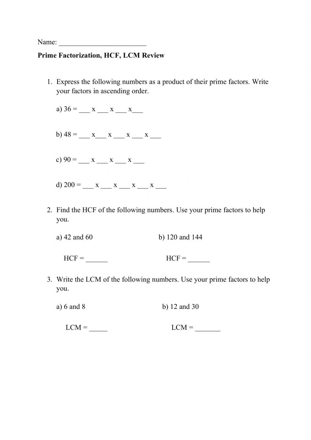 Maths Hcf And Lcm Worksheets