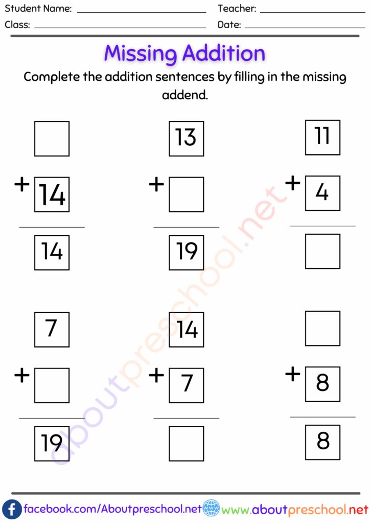 Missing Number Addition Worksheets Pdf 20 About Preschool