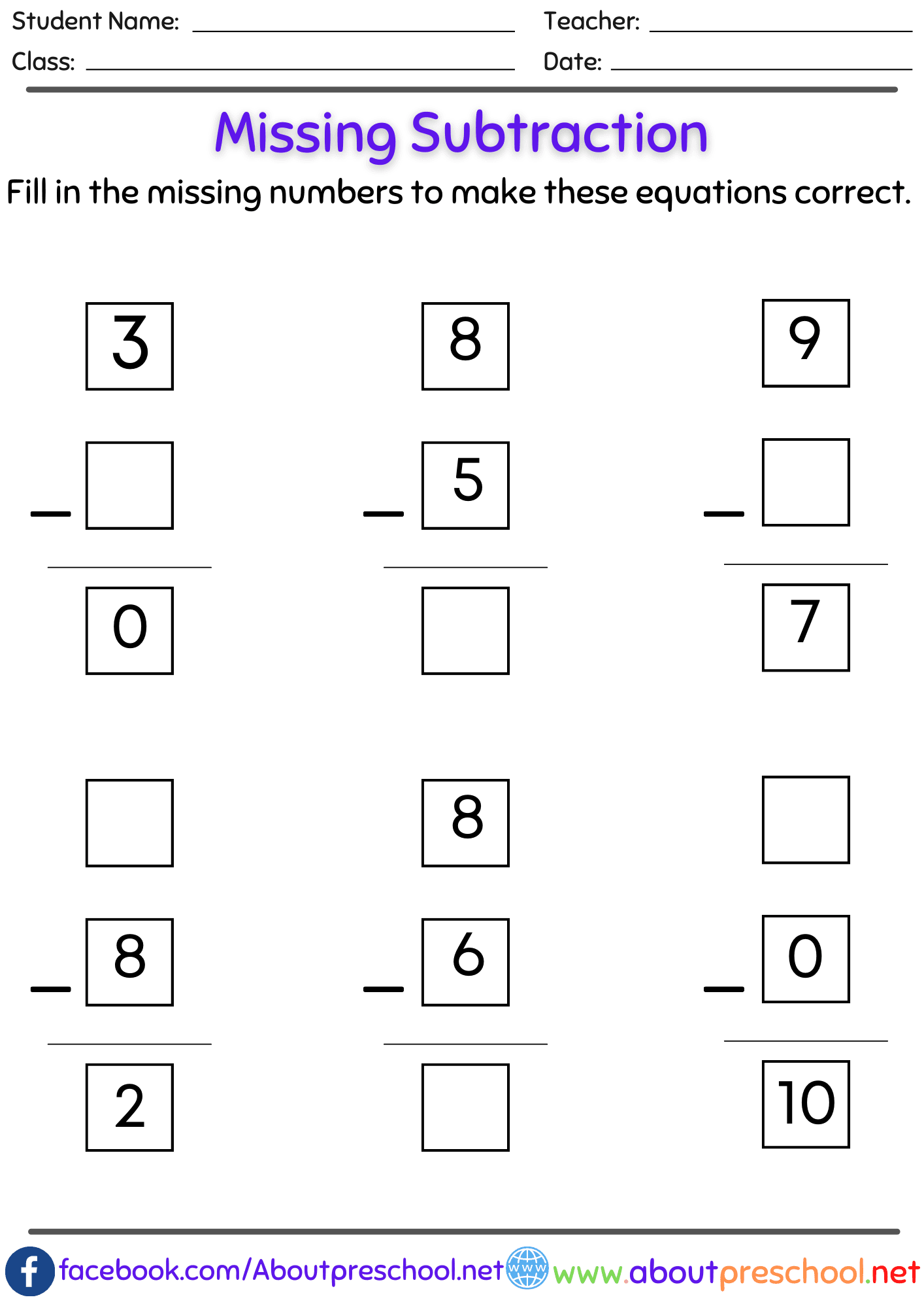 Missing Number Subtraction Worksheets Pdf 7 About Preschool