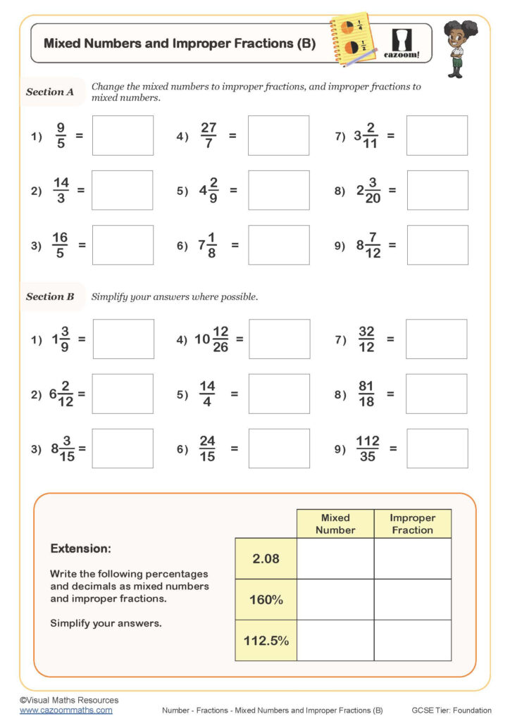 Mixed Numbers And Improper Fractions B Worksheet Fun And Engaging 