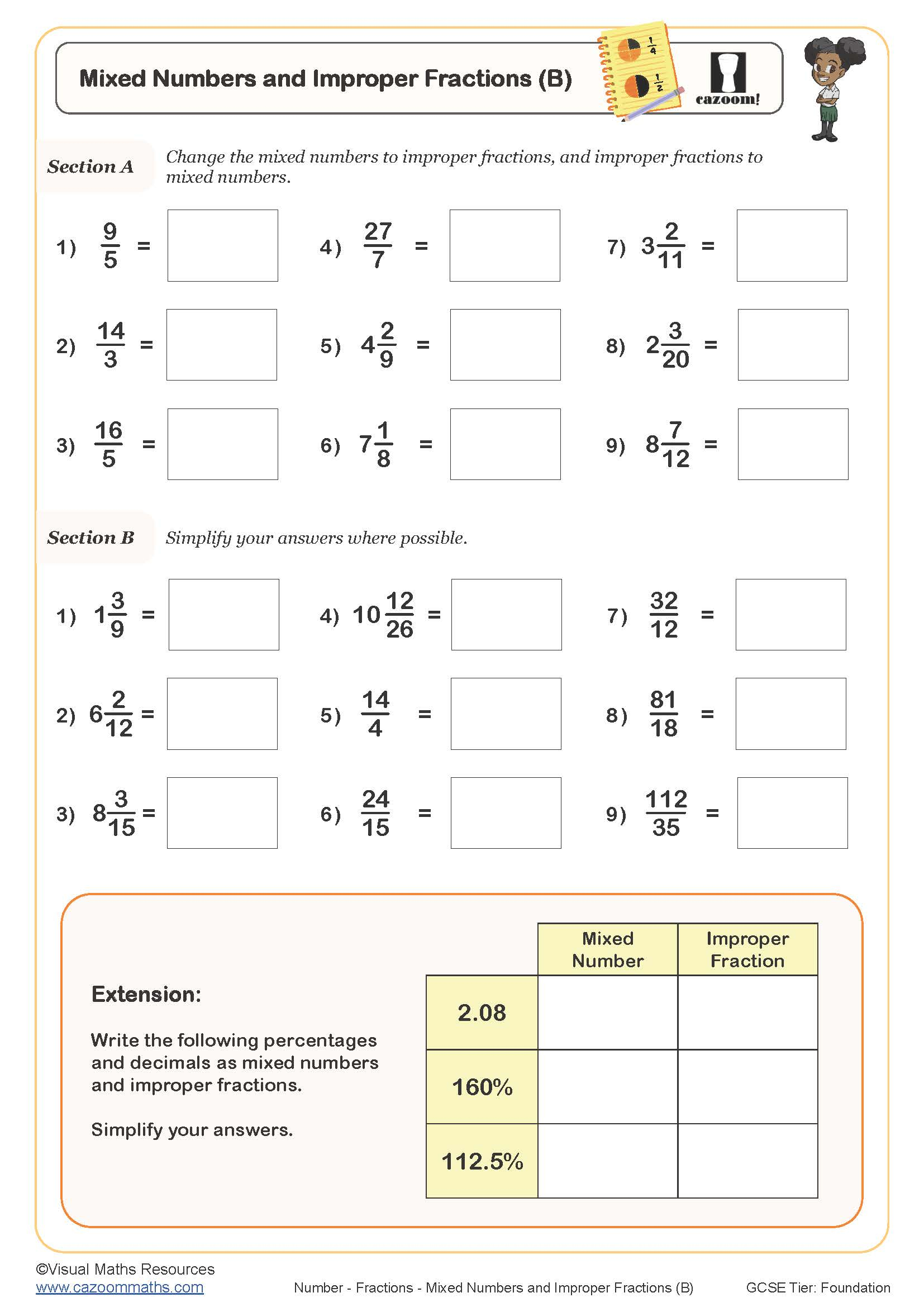 Mixed Numbers And Improper Fractions B Worksheet Fun And Engaging 