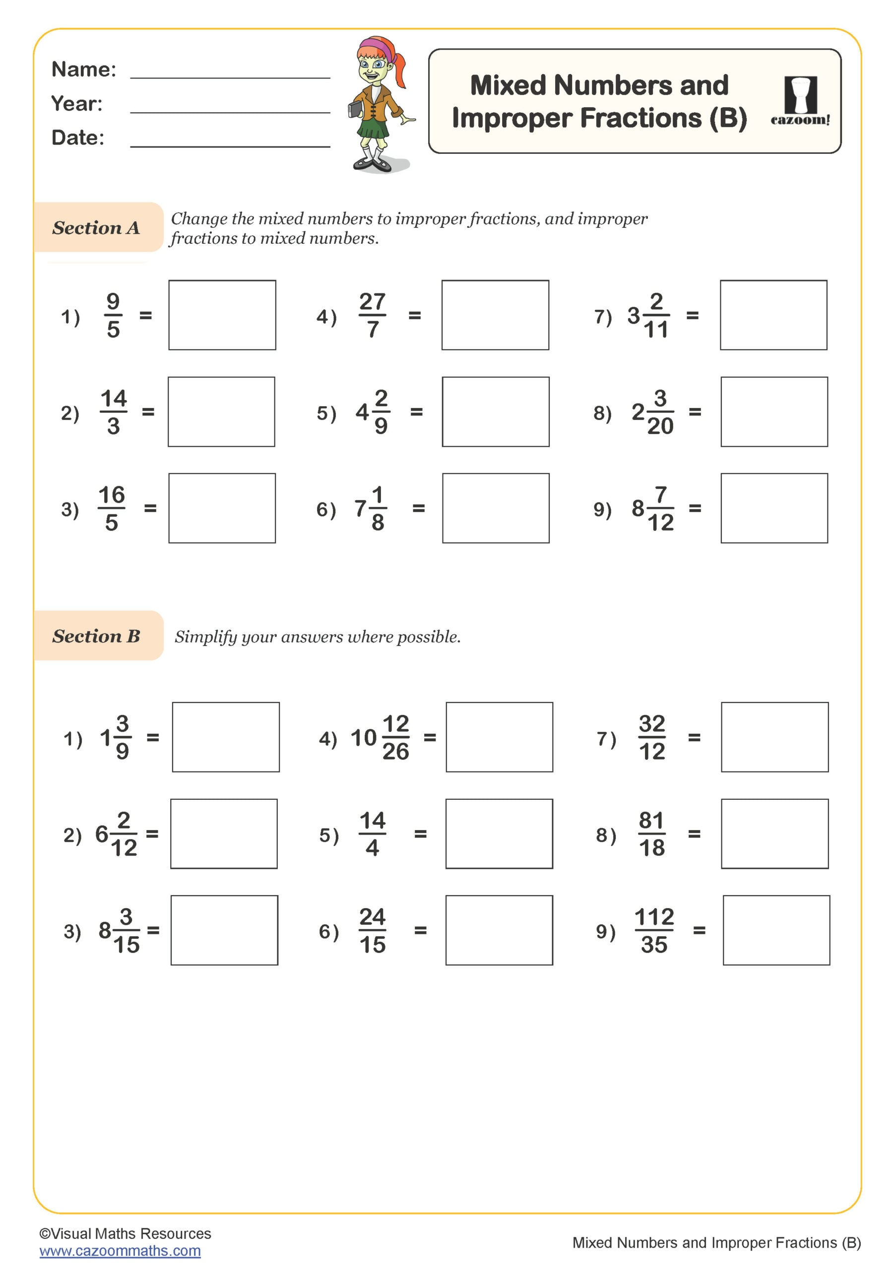 Mixed Numbers And Improper Fractions B Worksheet PDF Printable 