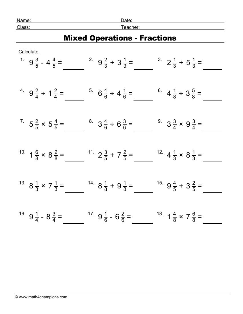 Mixed Operation Fraction Worksheets