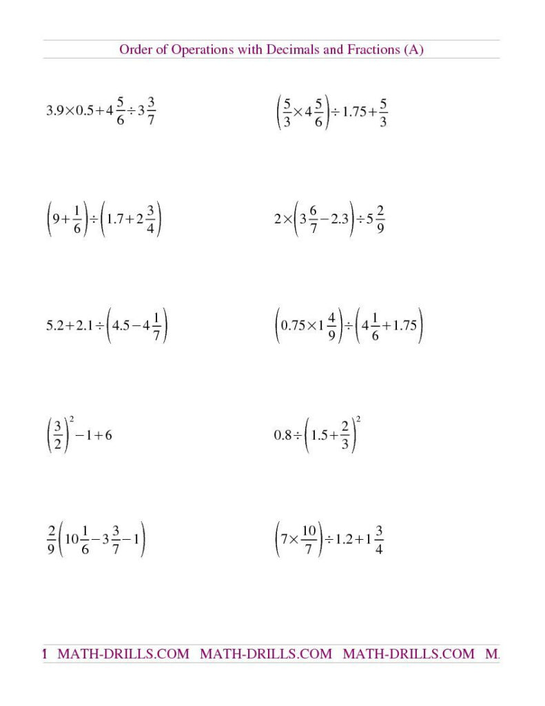 Mixed Operations Rational Numbers Worksheets