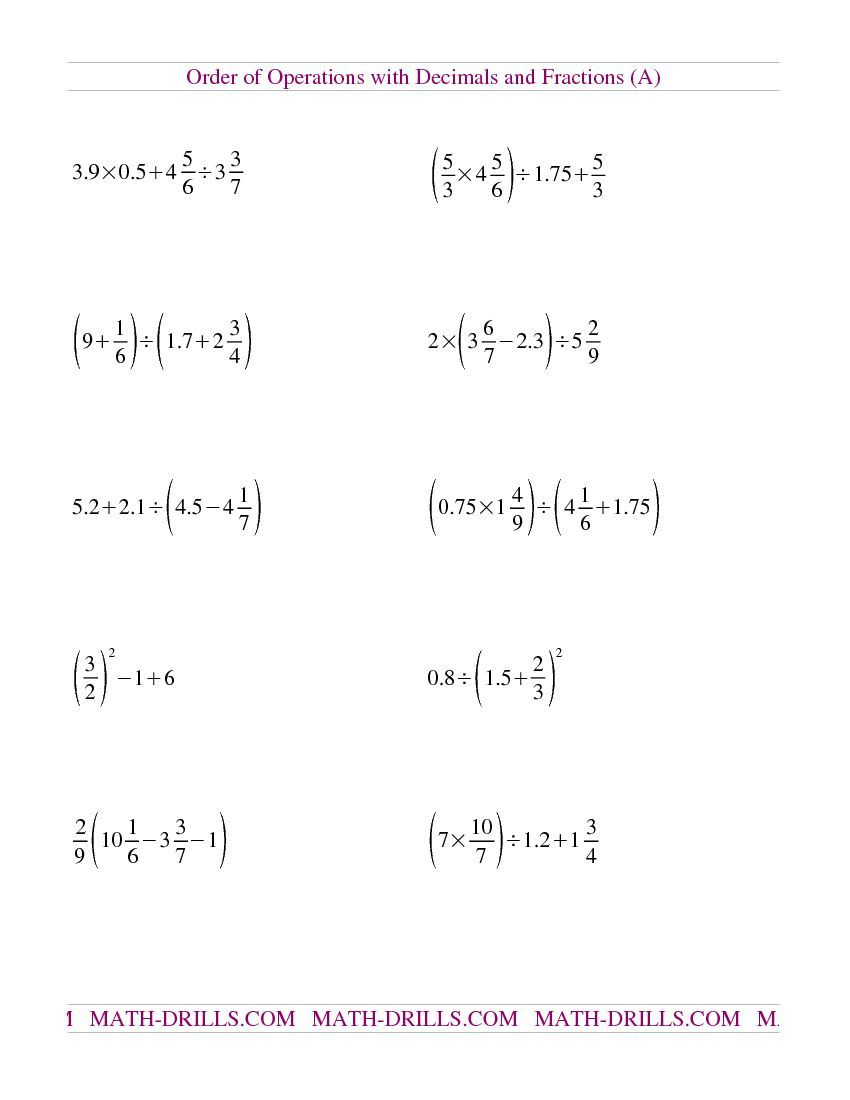 Mixed Operations Rational Numbers Worksheets