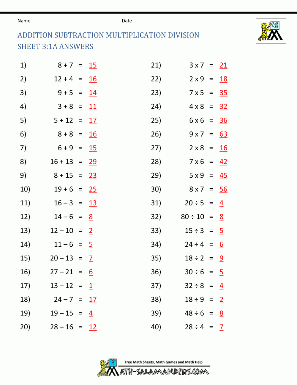 Multiplication Addition Subtraction And Division Worksheets