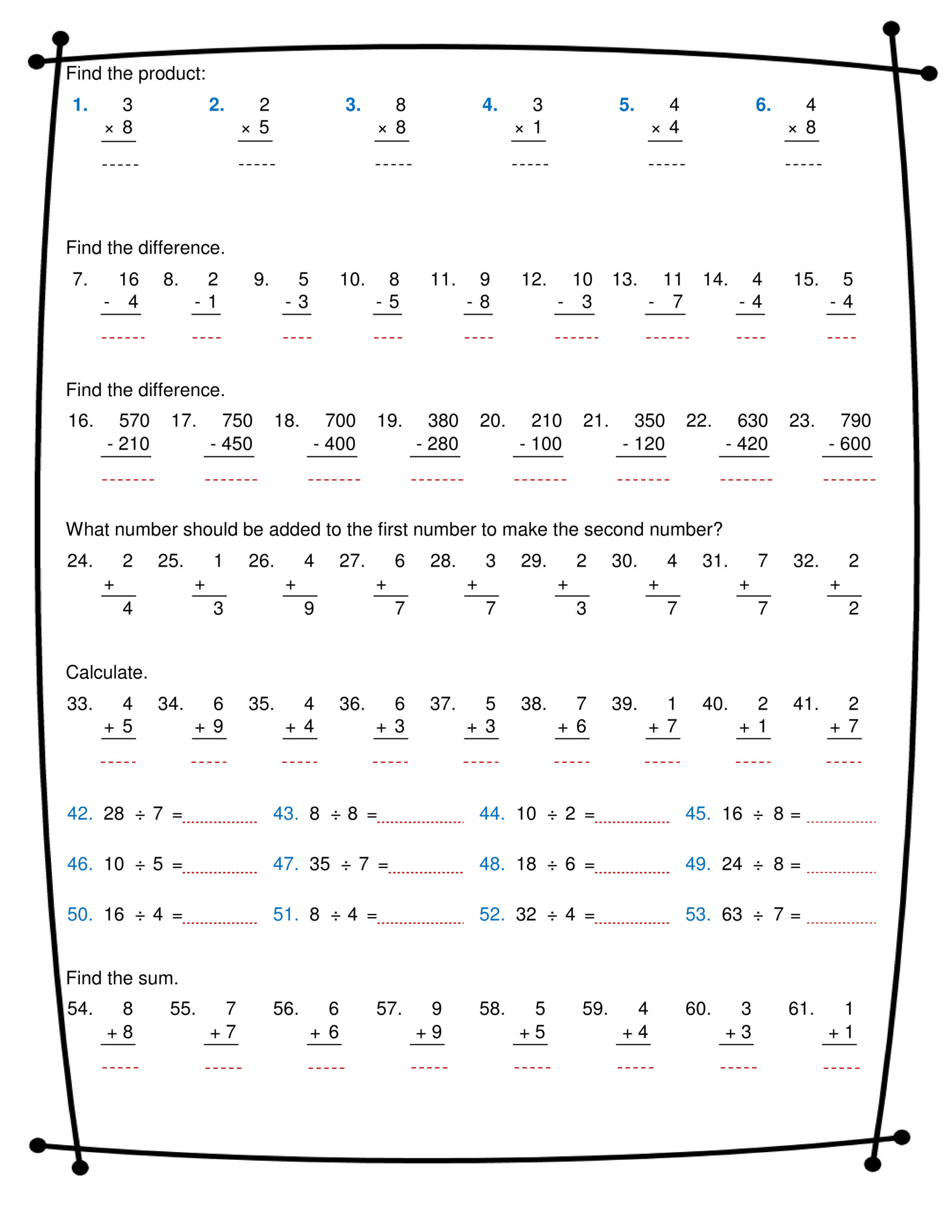 Multiplication Addition Subtraction And Division Worksheets 