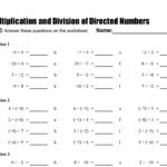 Multiplication And Division Of Directed Numbers Worksheet Directed