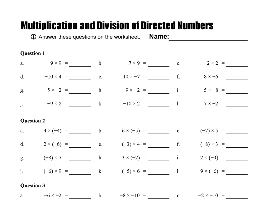 Multiplication And Division Of Directed Numbers Worksheet Directed
