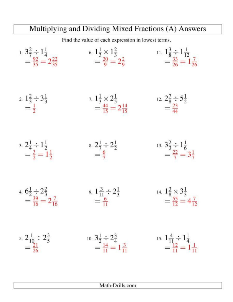 Multiplication Of Mixed Numbers Worksheets