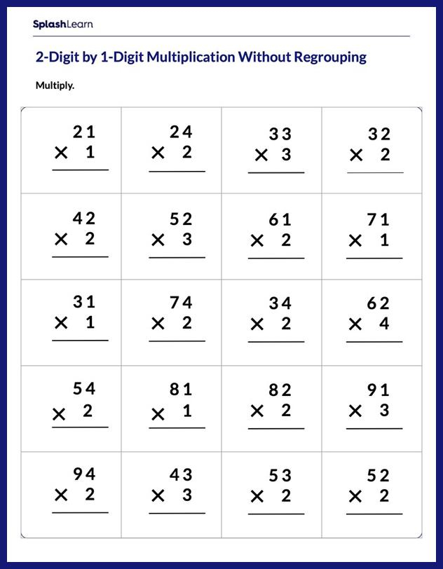 Multiply 2 Digit By 1 Digit Without Regrouping Worksheet
