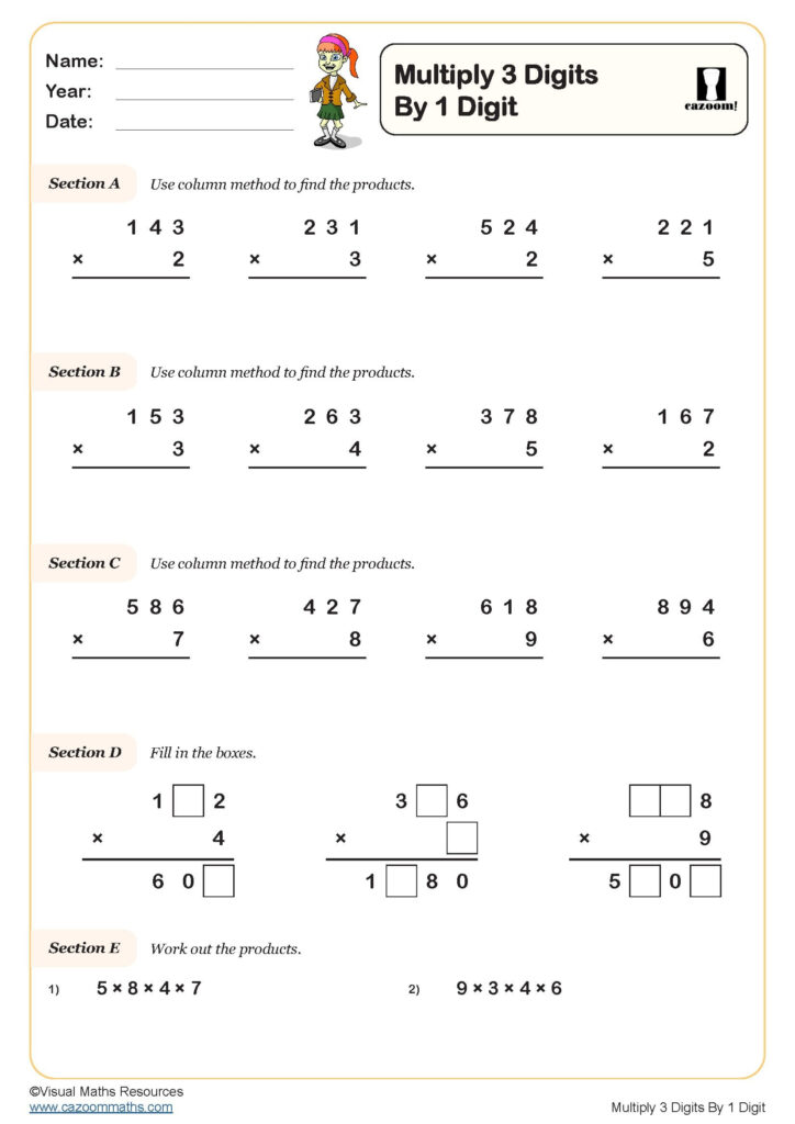 Multiplying 3 Digits By 1 Digit Worksheet Key Stage 2 PDF Number 