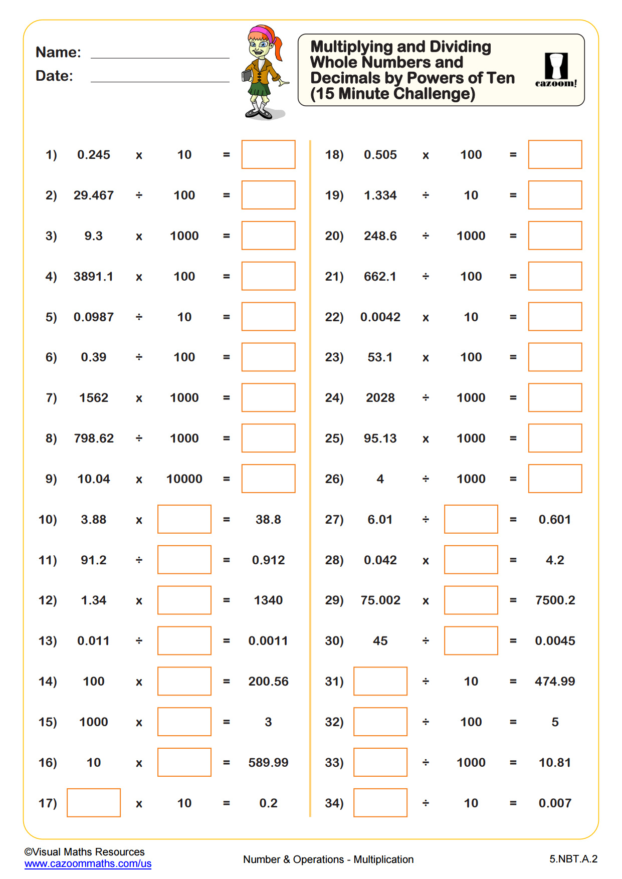 Multiplying And Dividing Whole Numbers And Decimals By Powers Of 