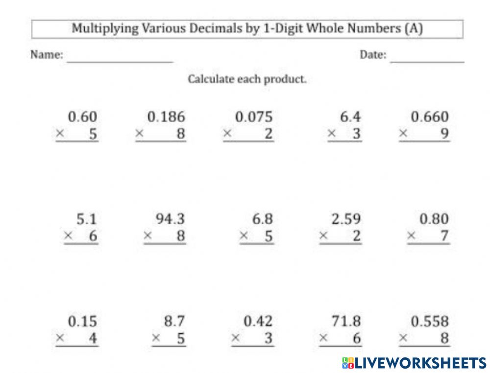 Multiplying Decimals By Whole Numbers Worksheet