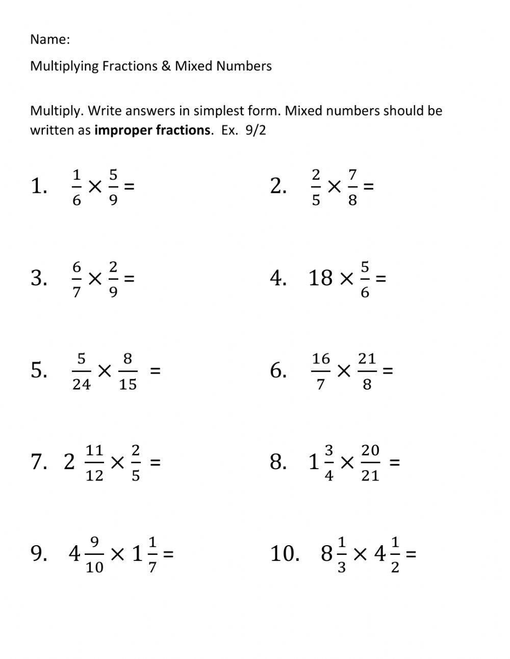 Multiplying Fractions And Mixed Numbers Worksheets