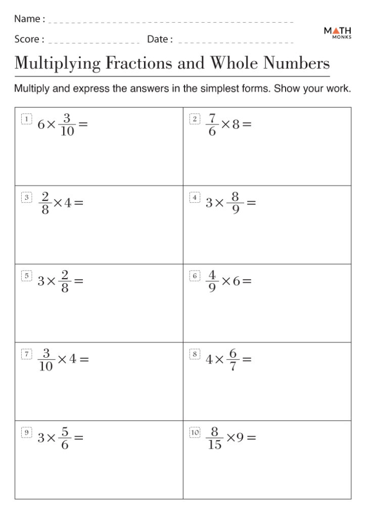 Multiplying Fractions By Whole Numbers Worksheets