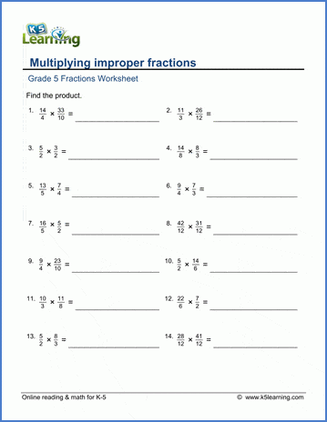 Multiplying Improper Fractions Worksheets K5 Learning