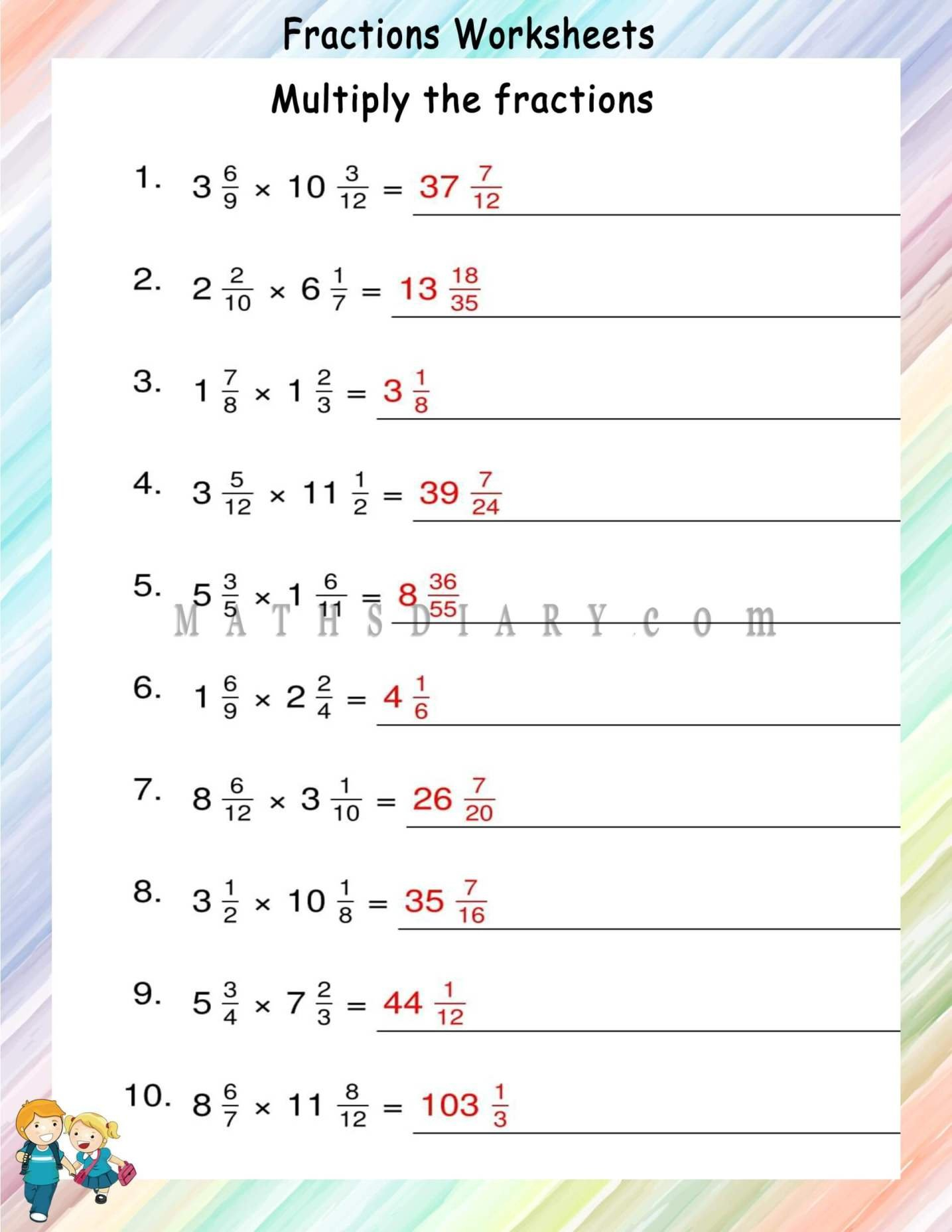 Multiplying Mixed Fractions Worksheets