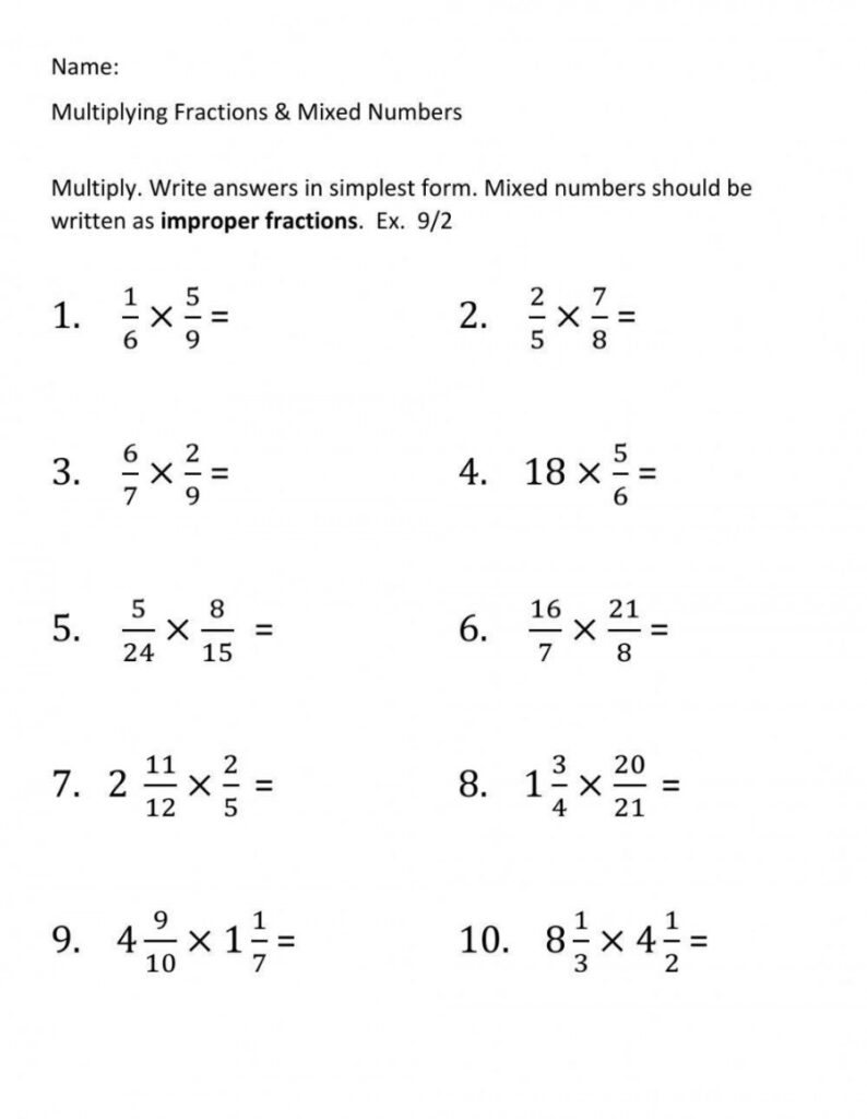 Multiplying Mixed Numbers Worksheet Printable PDF Template