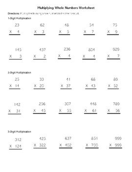 Multiplying Multi Digit Whole Numbers WORKSHEET For Students TpT