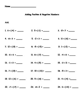 Negative And Positive Numbers Worksheet