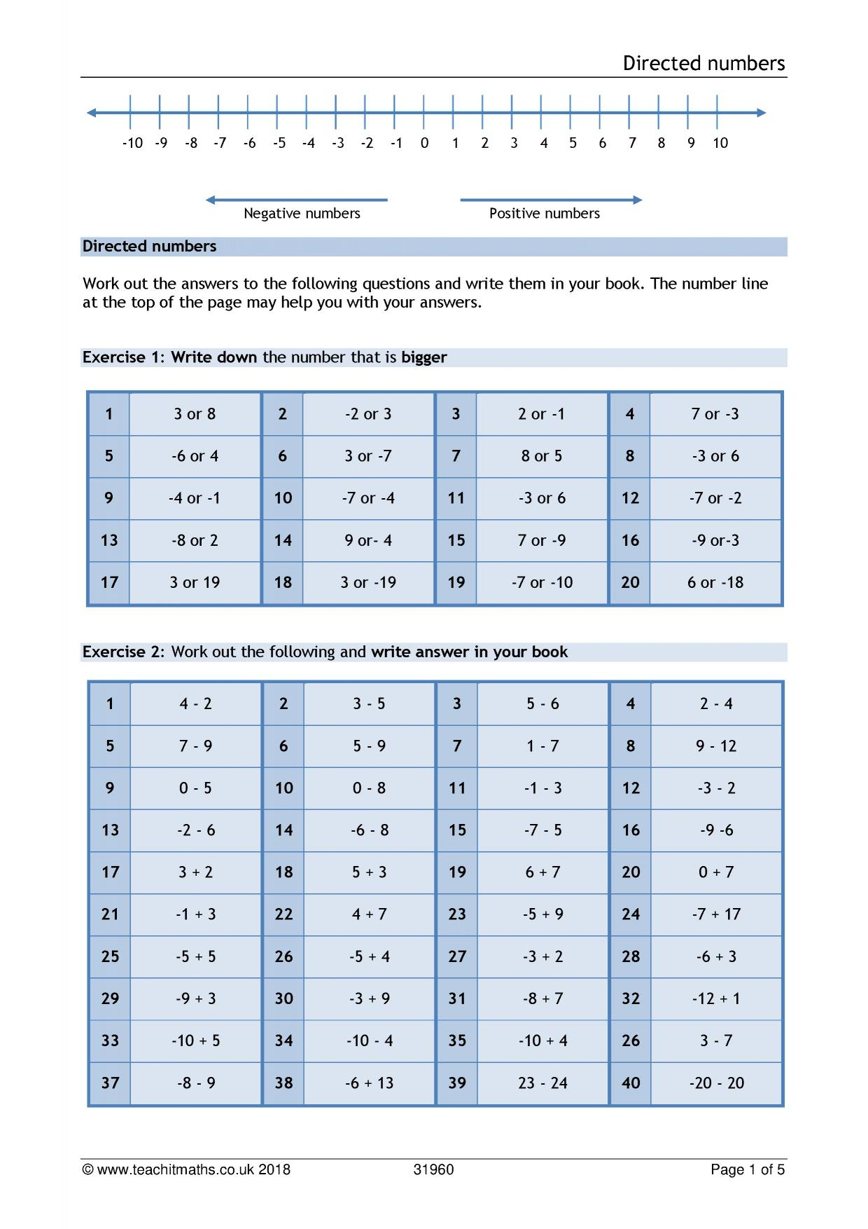 Negative Numbers Worksheet KS3 Maths Teachit