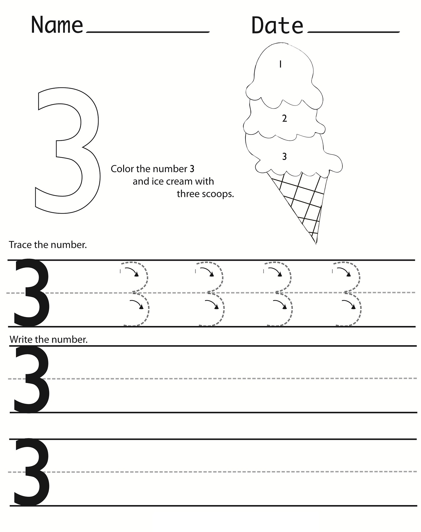 Number 3 Writing Practice Printable Worksheet