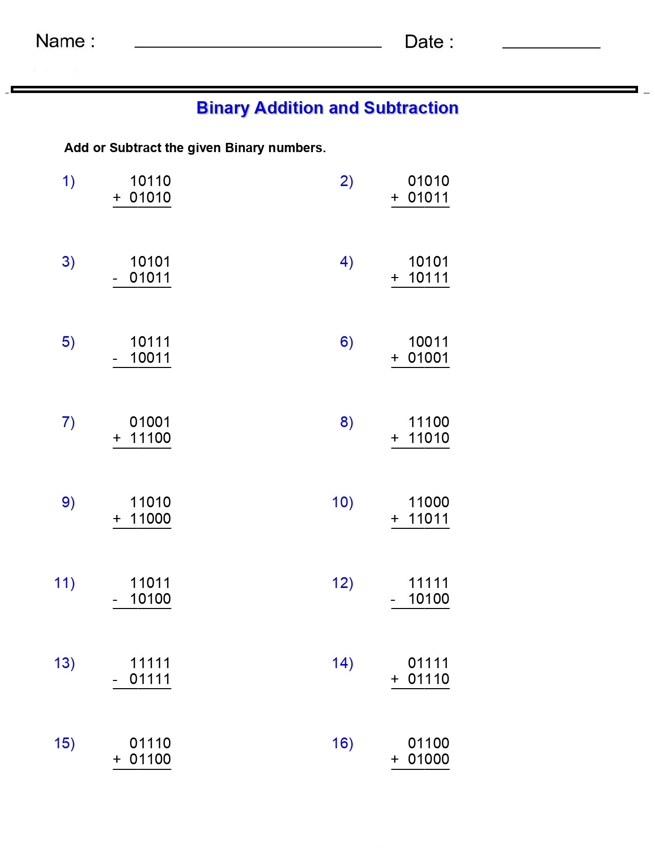 Number Systems Worksheets Adding And Subtracting Binary Worksheets Number Systems Worksheets Adding And Subtracting Binary Worksheets