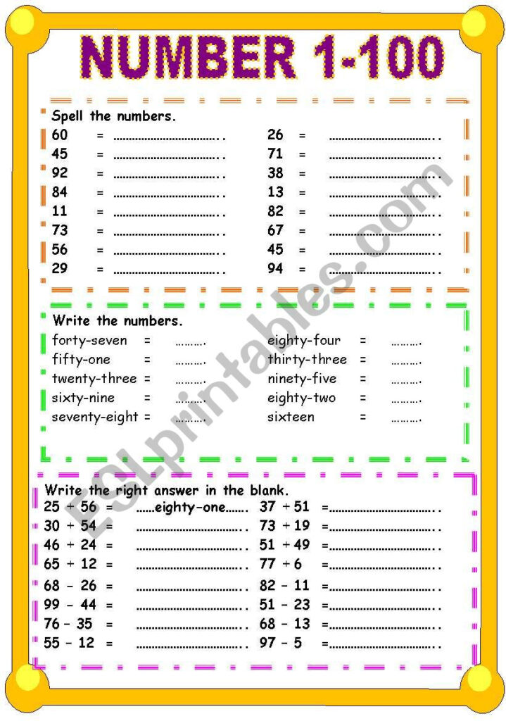 Numbers 1 To 100 Worksheets