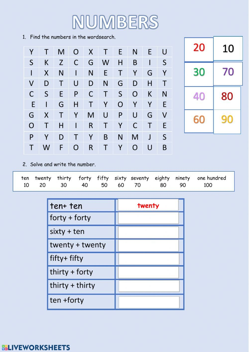 Numbers 10 100 Interactive Worksheet