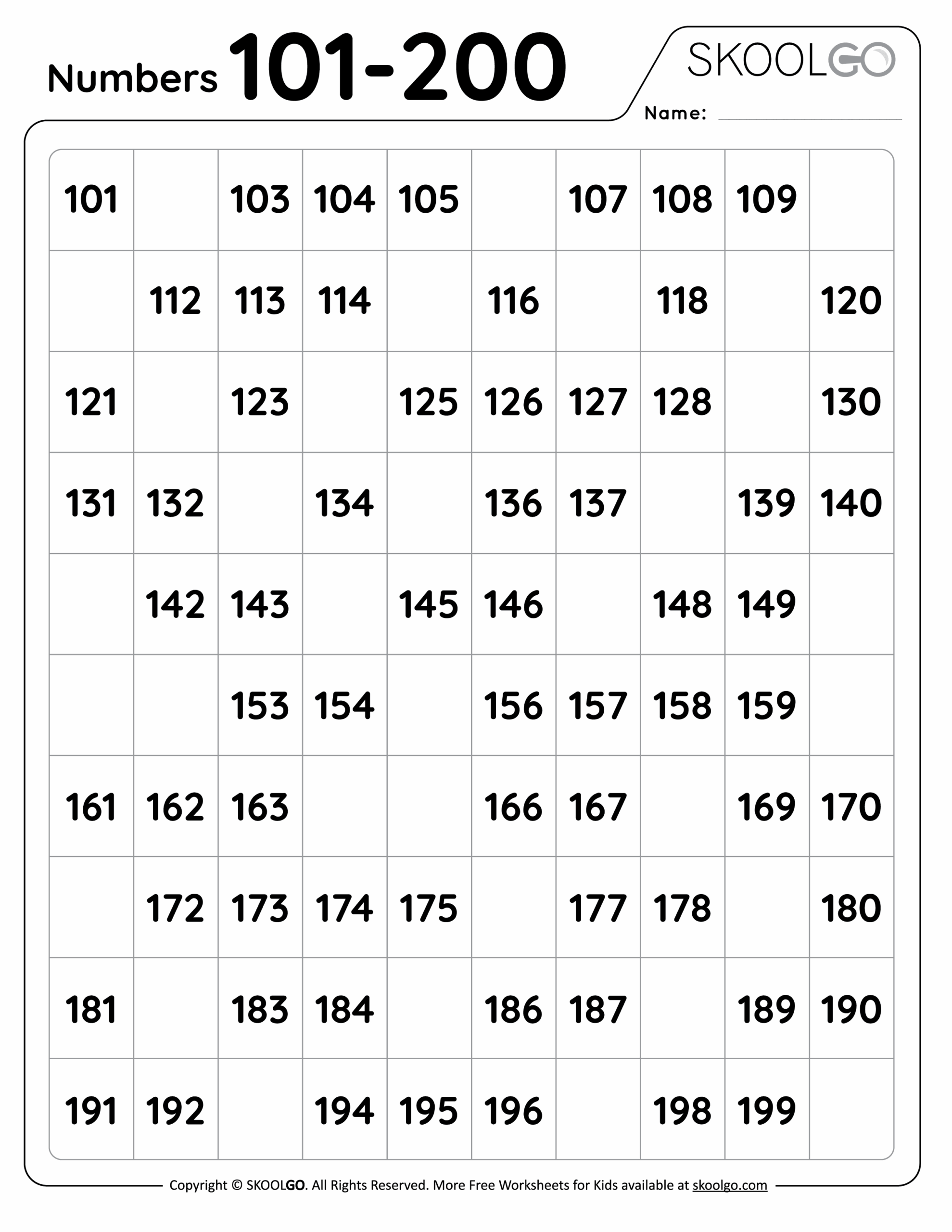 Numbers 101 To 200 Free Worksheet For Kids SKOOLGO