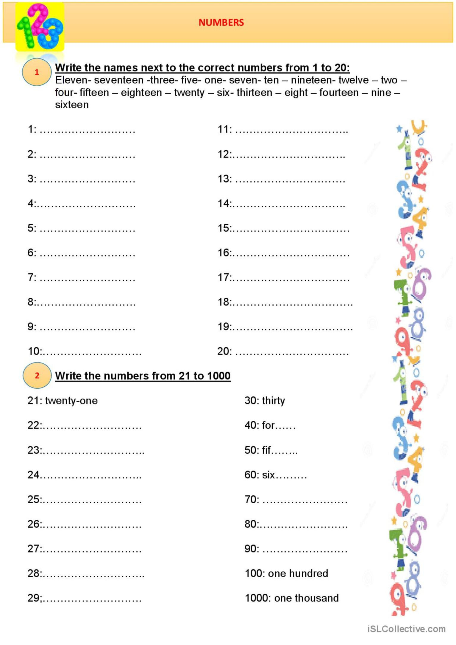 NUMBERS From 0 To 1000 English ESL Worksheets Pdf Doc