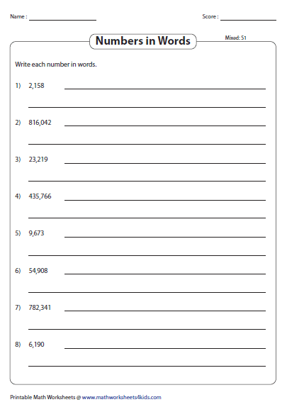 Numbers In Words Thousands Worksheets 4 digit 5 digit 6 digit