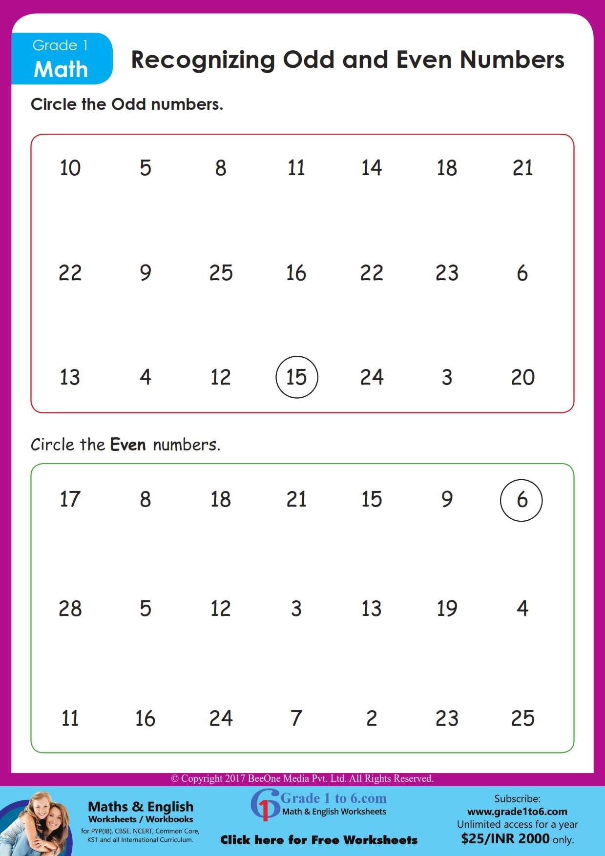 Odd Even Numbers Worksheet For Grade 1 Grade1to6