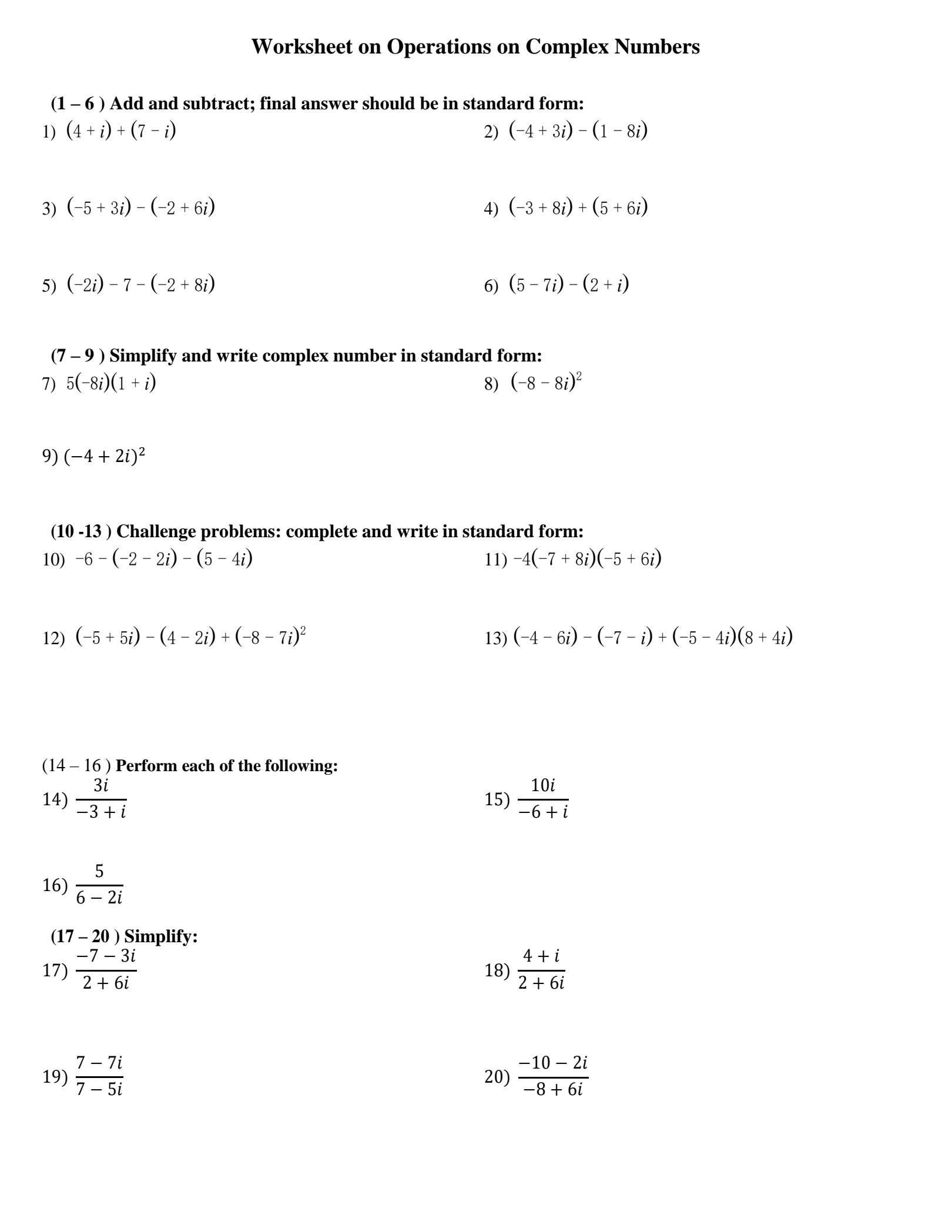 Operations With Complex Numbers Worksheet Worksheets Library