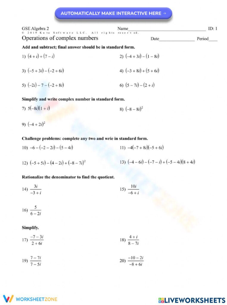 Operations With Complex Numbers Worksheets Library