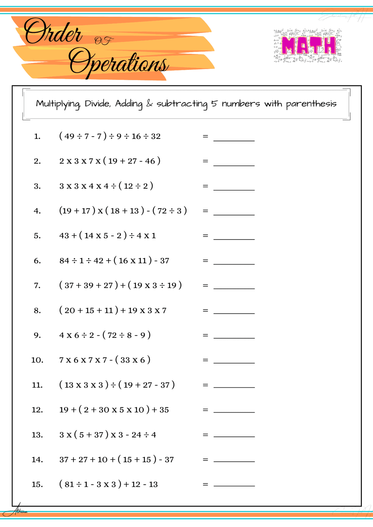Order Of Operations Multiple Choice Worksheet Order Of Operation 