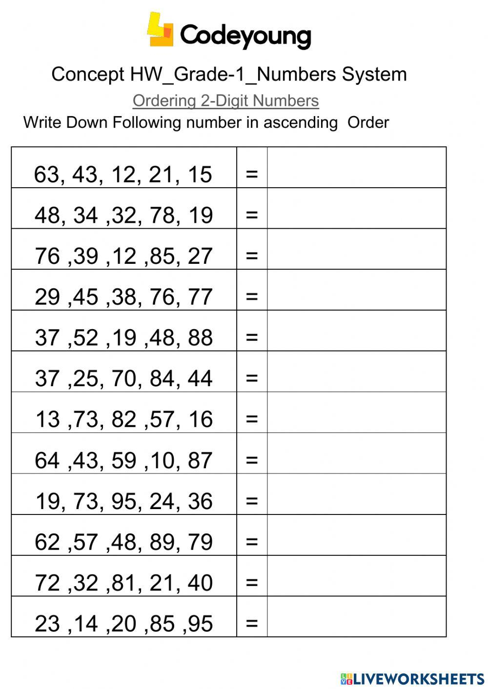 Ordering 2 Digit Numbers Concept HW Worksheet Live Worksheets 