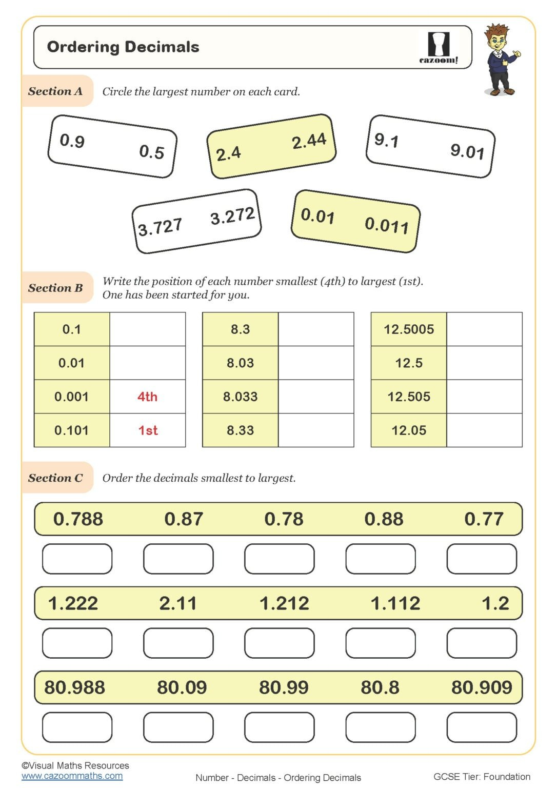 Ordering Decimals Worksheet Printable PDF Ordering Decimals Worksheet