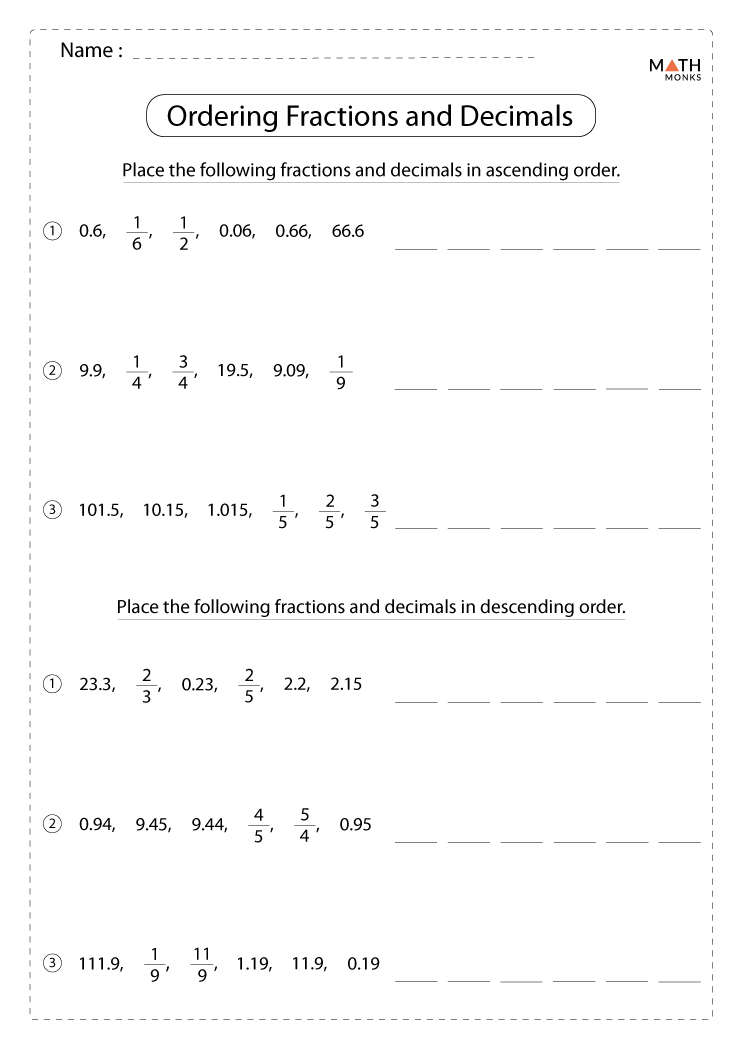Ordering Fractions Decimals Worksheets Pdf