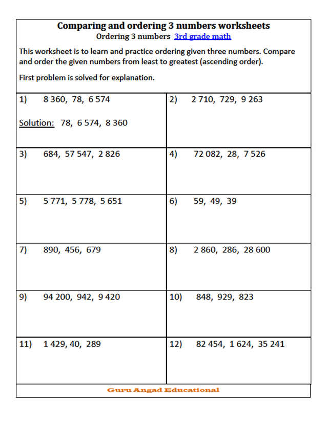 Ordering Numbers Worksheets Third Grade