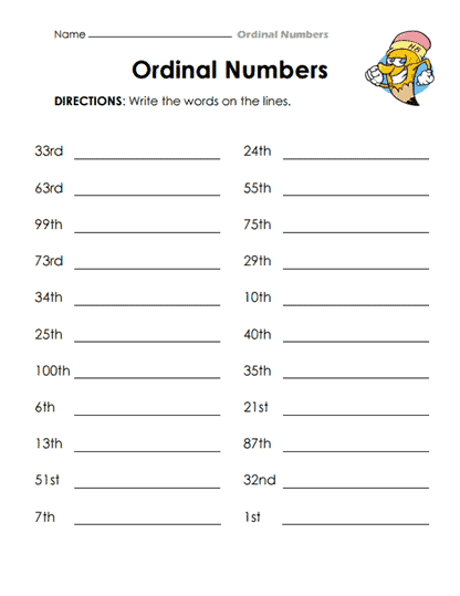 Ordinal Numbers 1 100 Worksheet