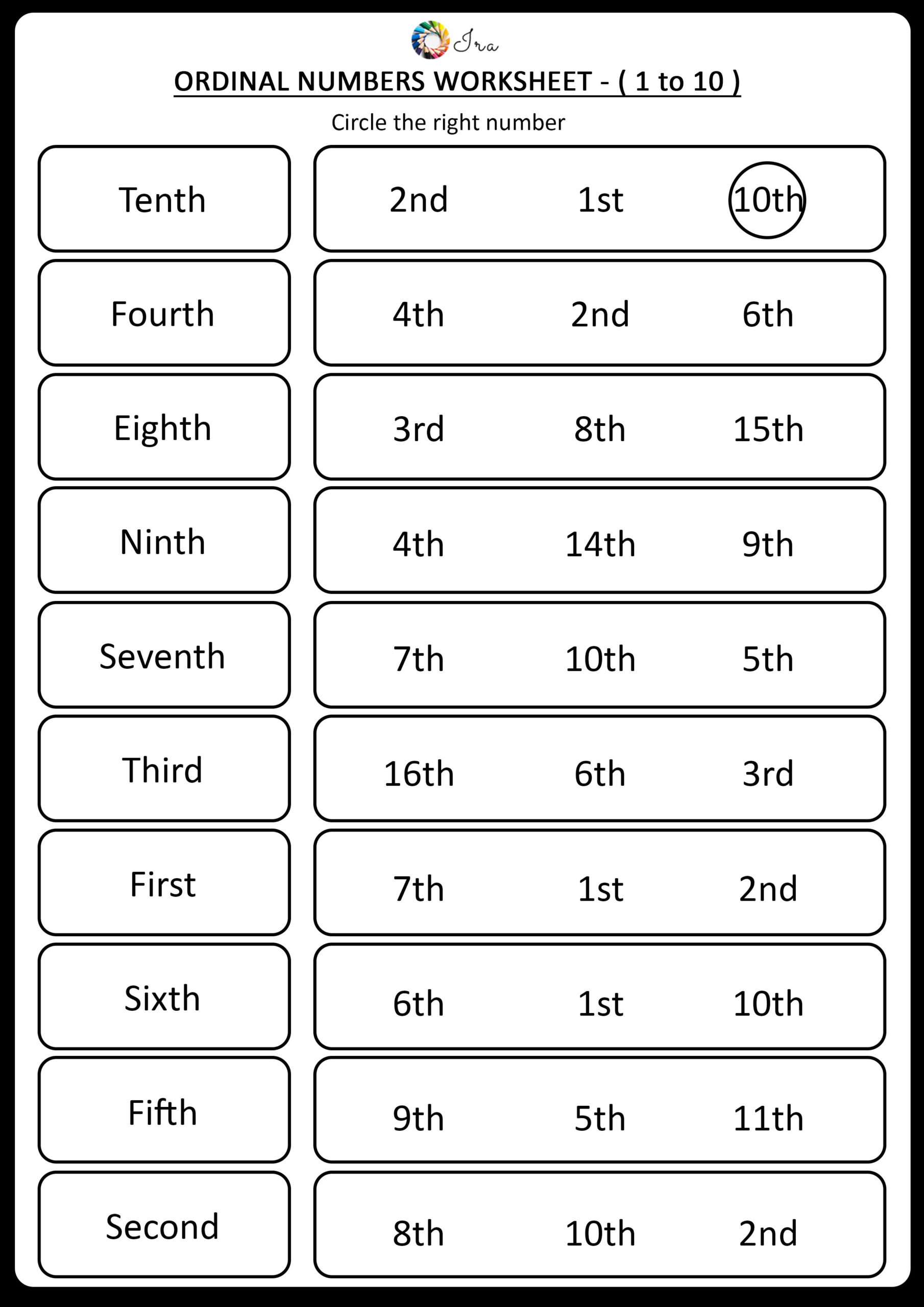 Ordinal Numbers 1 To 10 Worksheets