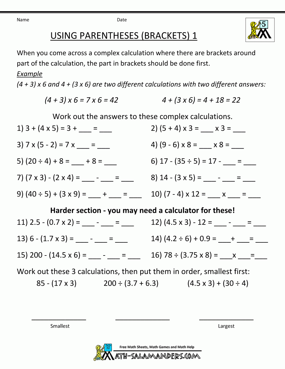 Parentheses Worksheet Math 3rd Grade