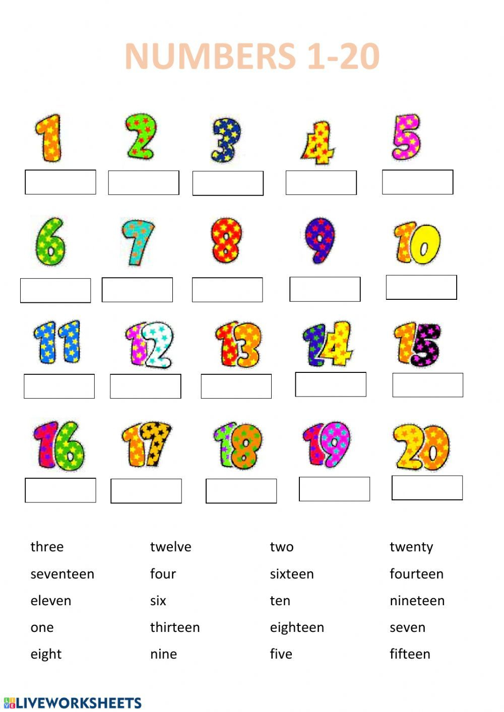 Pdf Online Worksheet Numbers 1 20 English Activities For Kids 
