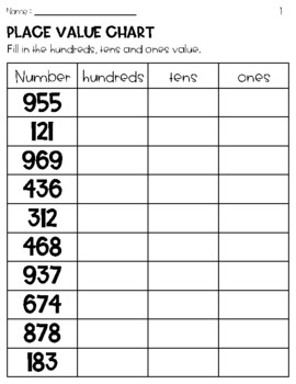 Place Value Chart 3 Digit Numbers Worksheets By Owl School Studio