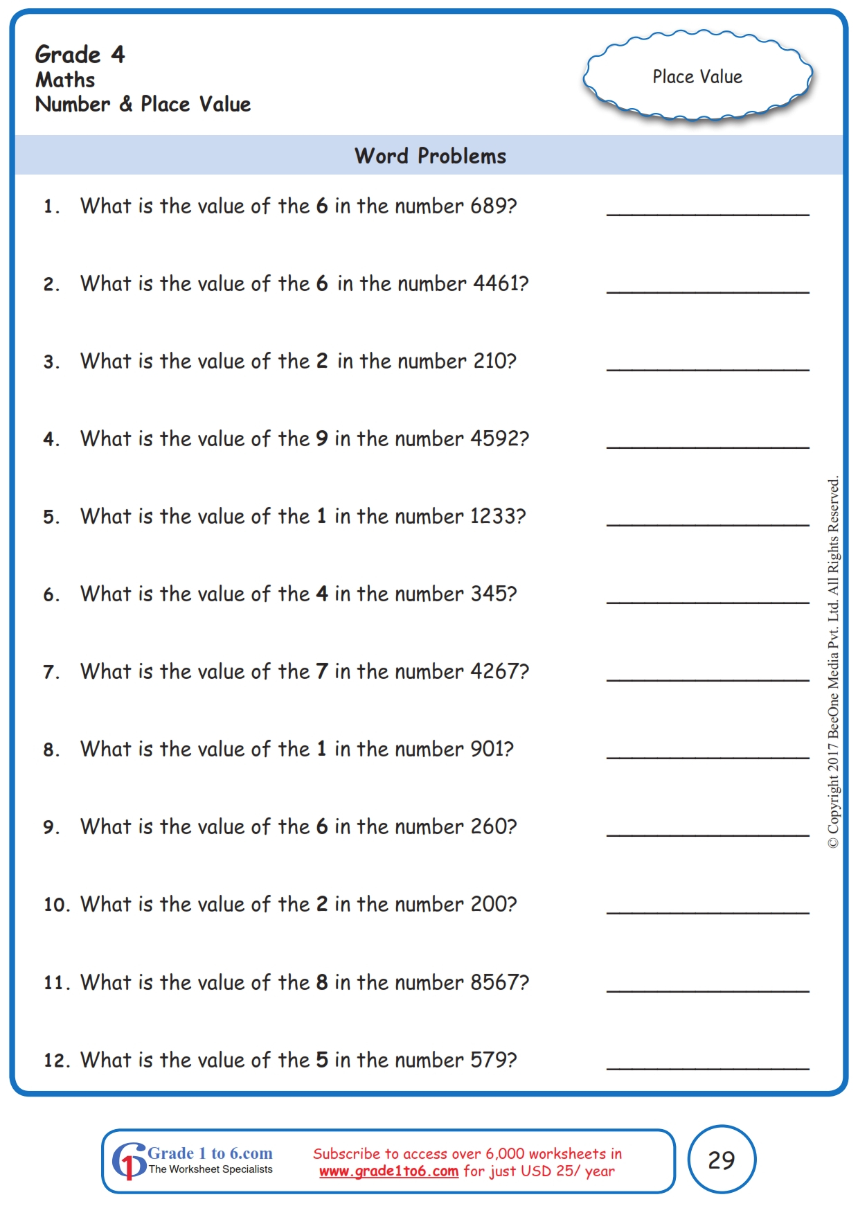 Place Value Free Worksheets