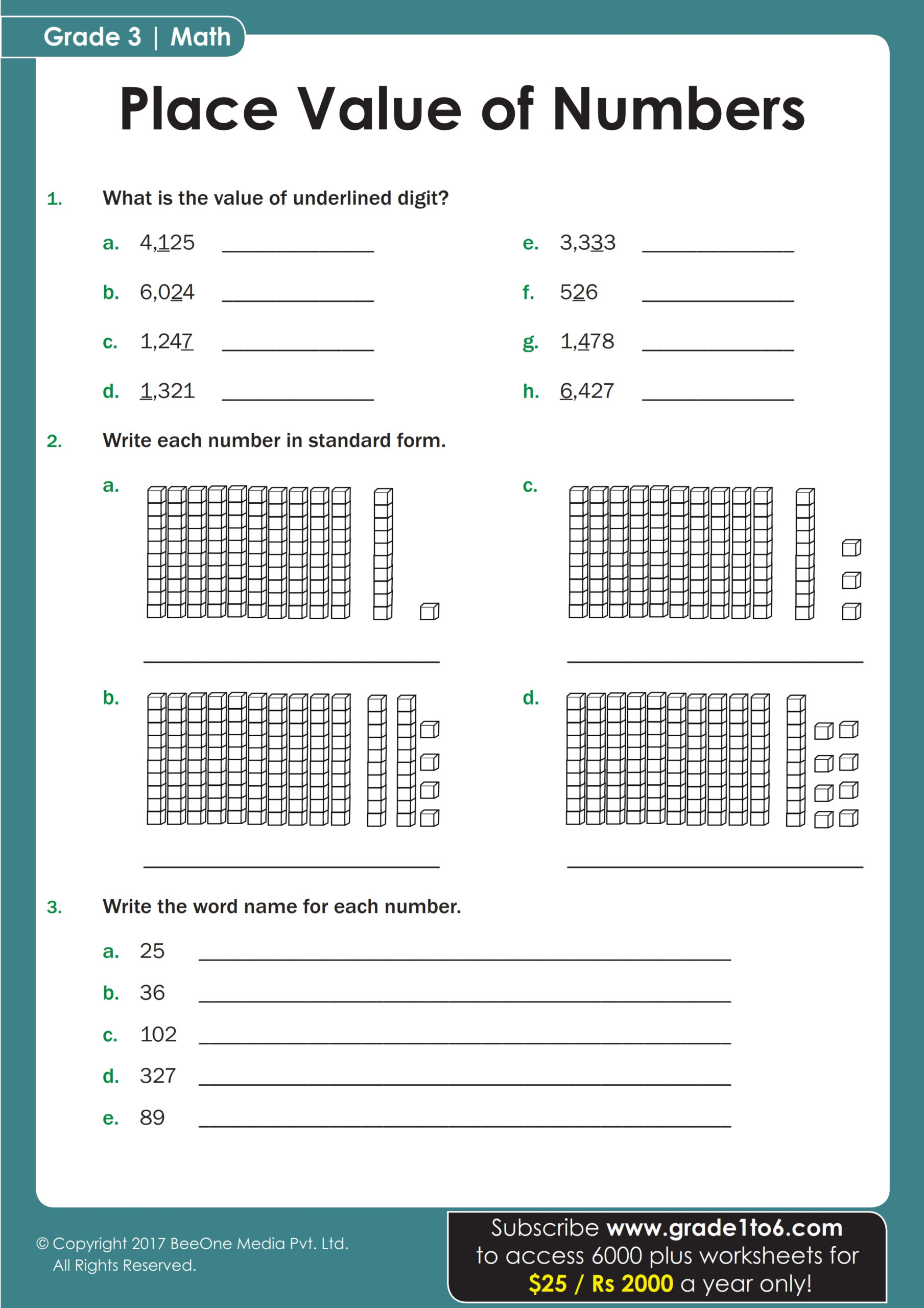 Place Value Of Whole Numbers Worksheet Grade1to6 Worksheets Library
