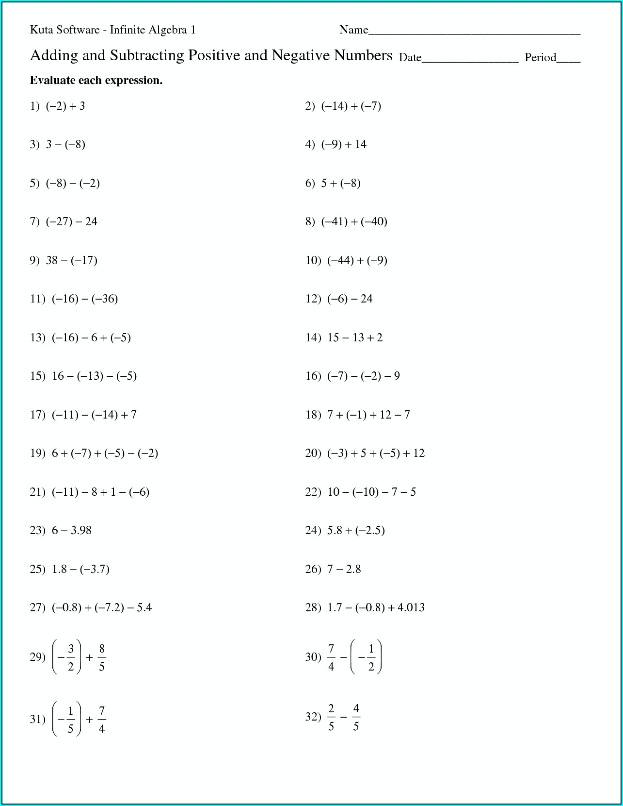 Positive And Negative Numbers Worksheet Ks3