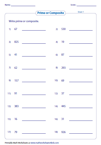 Prime And Composite Numbers Worksheets